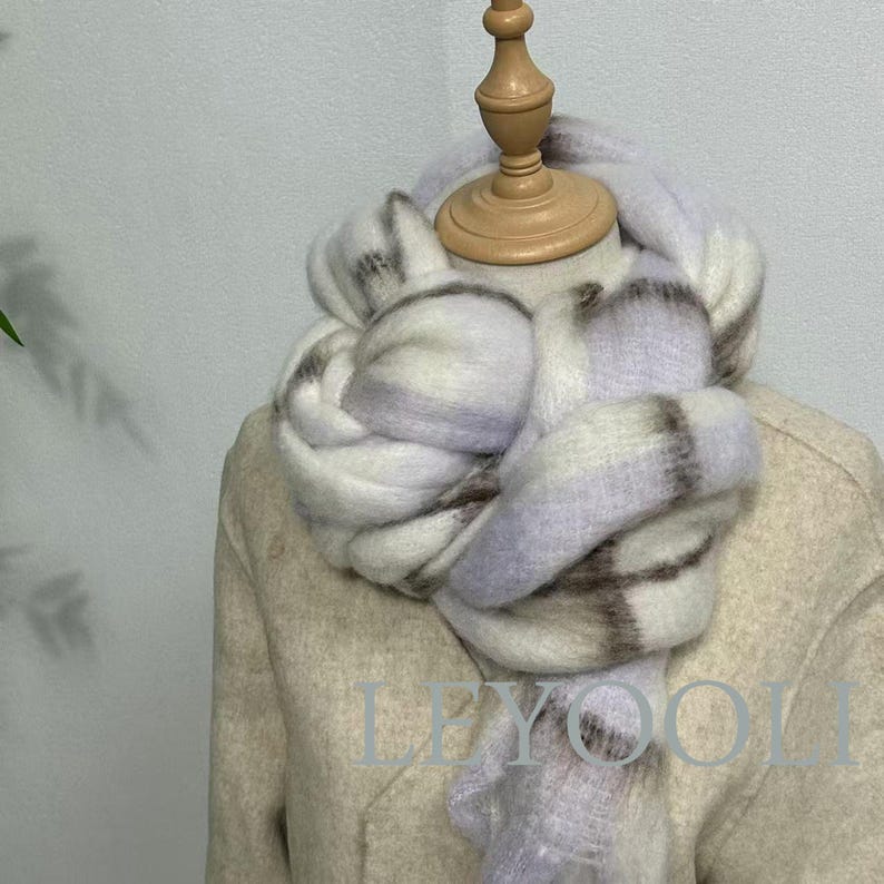 Purple Plaid Mohair Scarf | Winter Tassel Shawl