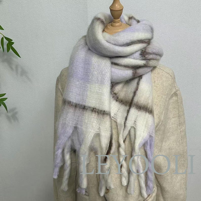 Purple Plaid Mohair Scarf | Winter Tassel Shawl