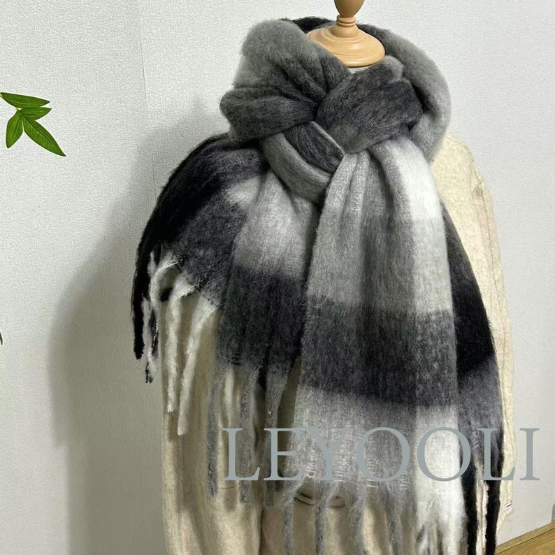 Mohair Plaid Scarf | Gray-Black Gradient, Warm Winter Shawl