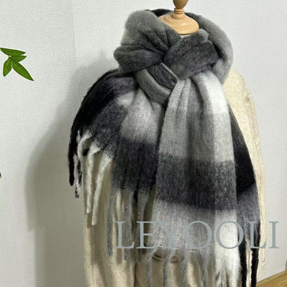 Mohair Plaid Scarf | Gray-Black Gradient, Warm Winter Shawl