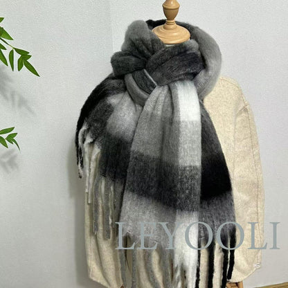 Mohair Plaid Scarf | Gray-Black Gradient, Warm Winter Shawl