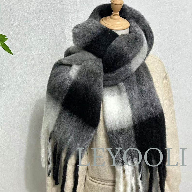 Mohair Plaid Scarf | Gray-Black Gradient, Warm Winter Shawl