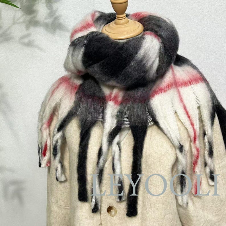 Vintage Red Plaid Mohair Scarf | Warm Winter Neck Wrap