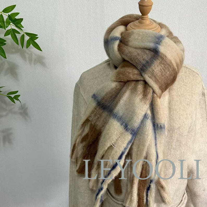 Vintage Mohair Plaid Scarf | Soft Brown Winter Shawl