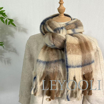 Vintage Mohair Plaid Scarf | Soft Brown Winter Shawl