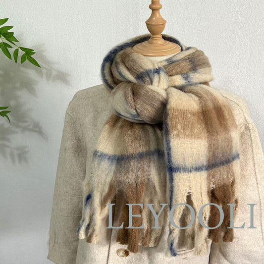 Vintage Mohair Plaid Scarf | Soft Brown Winter Shawl