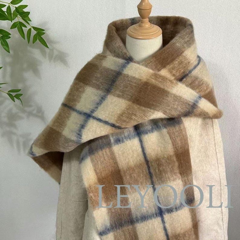 Vintage Mohair Plaid Scarf | Soft Brown Winter Shawl