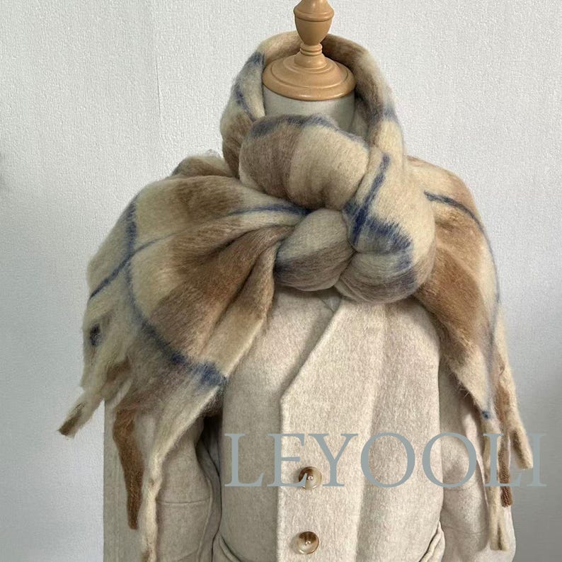 Vintage Mohair Plaid Scarf | Soft Brown Winter Shawl