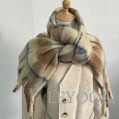 Vintage Mohair Plaid Scarf | Soft Brown Winter Shawl