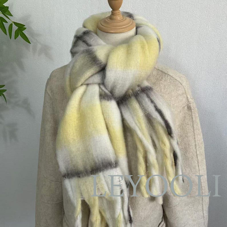 Soft Yellow Plaid Mohair Scarf | Cozy Winter Shawl