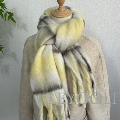 Soft Yellow Plaid Mohair Scarf | Cozy Winter Shawl