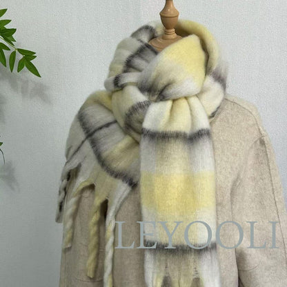 Soft Yellow Plaid Mohair Scarf | Cozy Winter Shawl