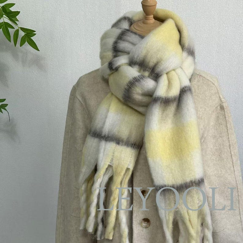 Soft Yellow Plaid Mohair Scarf | Cozy Winter Shawl