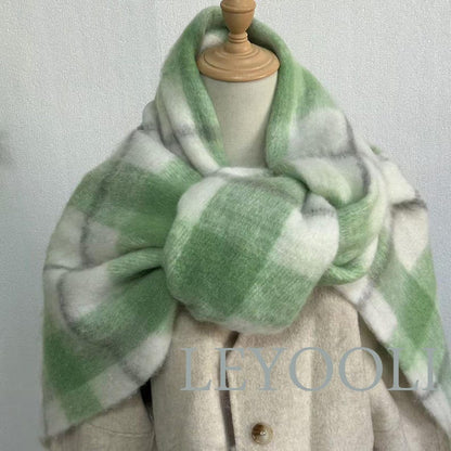 Green Plaid Mohair Scarf, Tassel Fringe, Winter Accessories