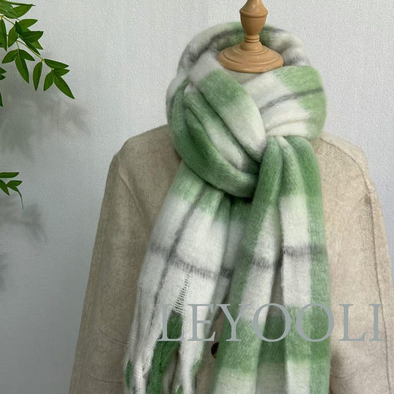 Green Plaid Mohair Scarf, Tassel Fringe, Winter Accessories