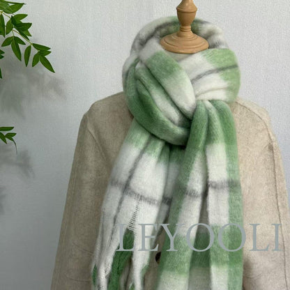 Green Plaid Mohair Scarf, Tassel Fringe, Winter Accessories