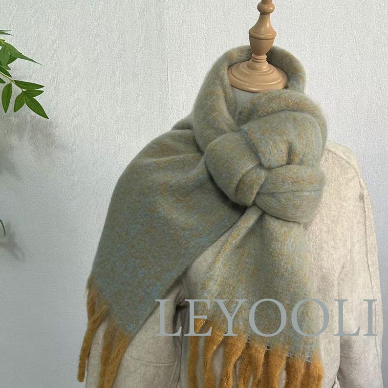 Elegant Mohair Scarf - Muted Blue & Mustard Fringe, Soft Cozy Winter Wrap