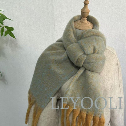 Elegant Mohair Scarf - Muted Blue & Mustard Fringe, Soft Cozy Winter Wrap