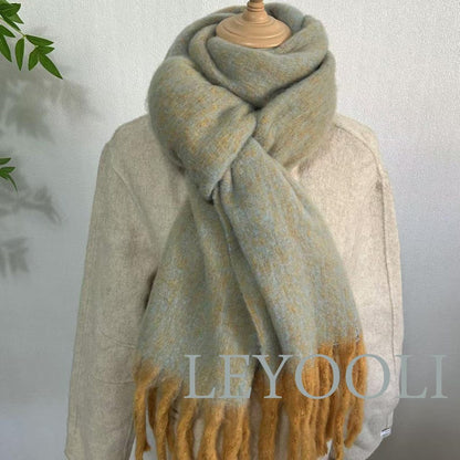 Elegant Mohair Scarf - Muted Blue & Mustard Fringe, Soft Cozy Winter Wrap