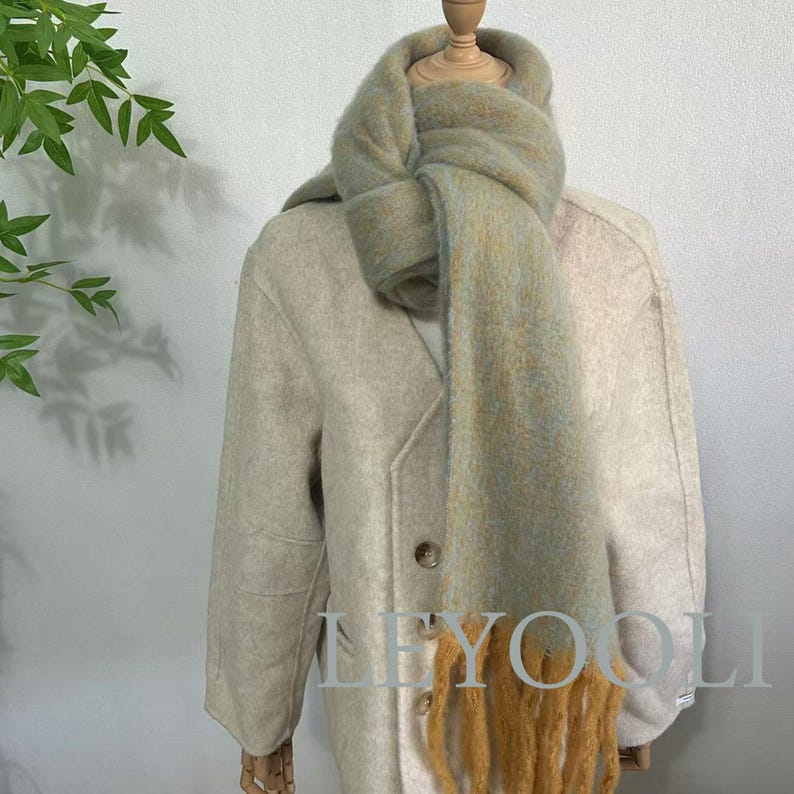 Elegant Mohair Scarf - Muted Blue & Mustard Fringe, Soft Cozy Winter Wrap