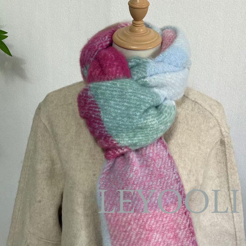 Gradient Plaid Mohair Scarf, Fringed Pastel Scarf