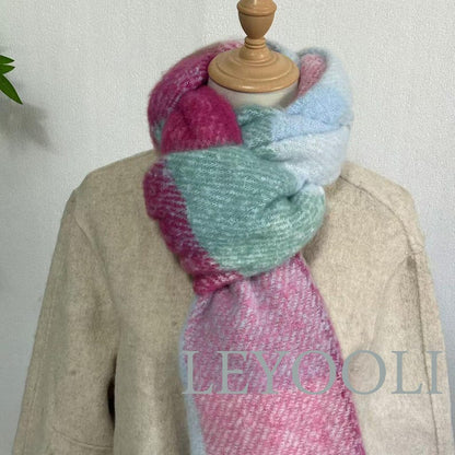 Gradient Plaid Mohair Scarf, Fringed Pastel Scarf