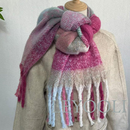 Gradient Plaid Mohair Scarf, Fringed Pastel Scarf
