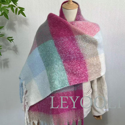 Gradient Plaid Mohair Scarf, Fringed Pastel Scarf