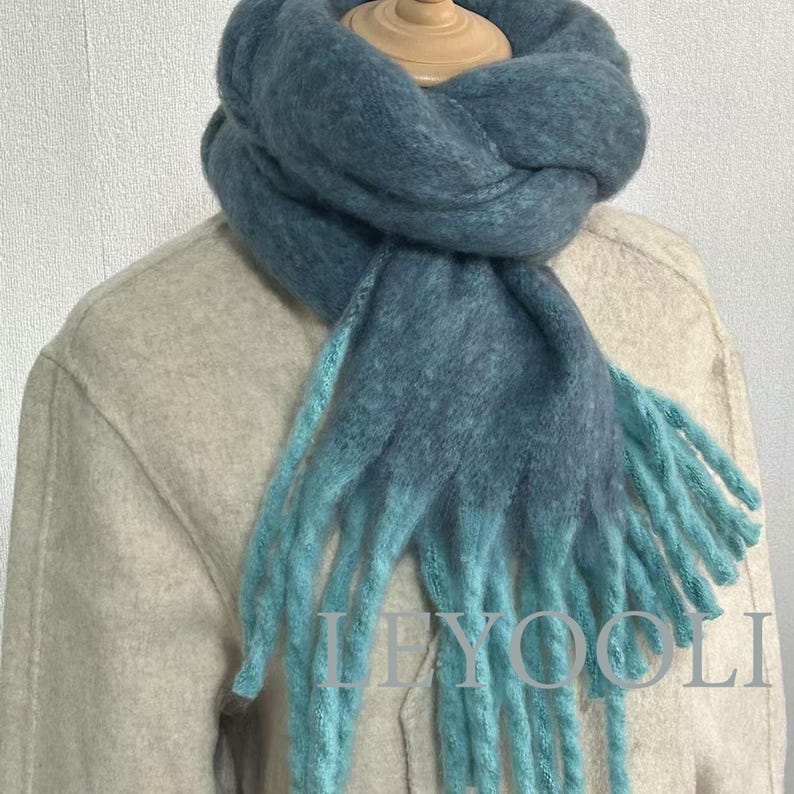 Handmade Gradient Plaid Mohair Scarf: Fuzzy Tassel Winter Shawl
