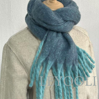Handmade Gradient Plaid Mohair Scarf: Fuzzy Tassel Winter Shawl