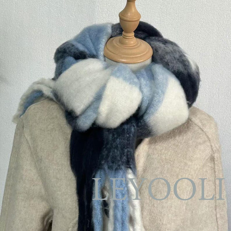 Blue Gradient Plaid Mohair Scarf: Winter Wool Shawl with Tassels