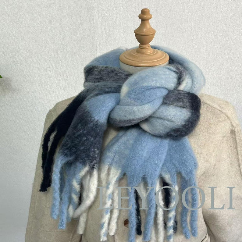 Blue Gradient Plaid Mohair Scarf: Winter Wool Shawl with Tassels