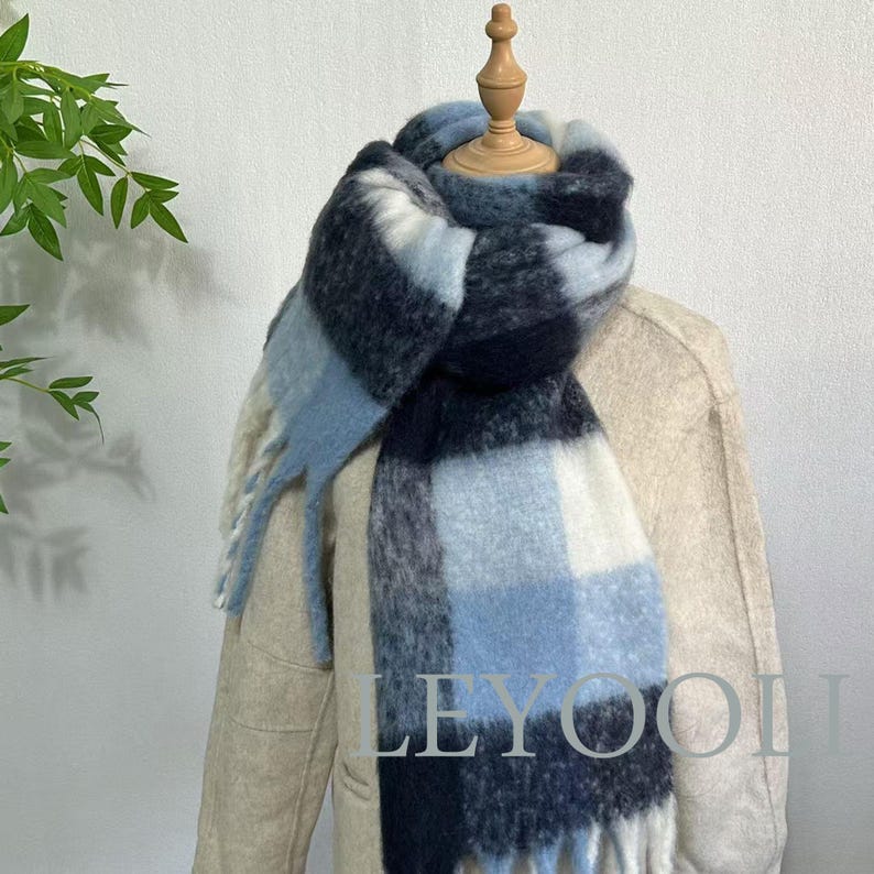 Blue Gradient Plaid Mohair Scarf: Winter Wool Shawl with Tassels