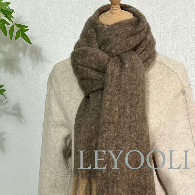 Handmade Mohair Scarf: Brown Gradient Plaid, Oversized Winter Wrap