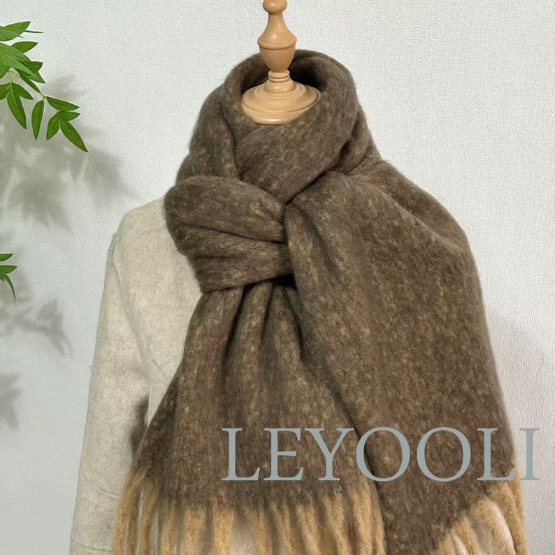 Handmade Mohair Scarf: Brown Gradient Plaid, Oversized Winter Wrap