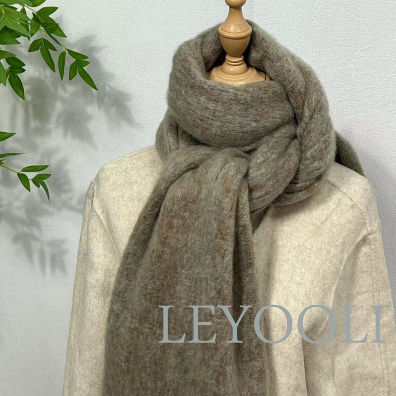 Mohair Wool Scarf | Vintage Brown Gradient Shawl with Fringes