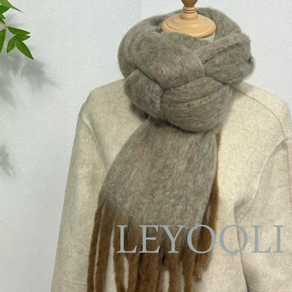 Mohair Wool Scarf | Vintage Brown Gradient Shawl with Fringes