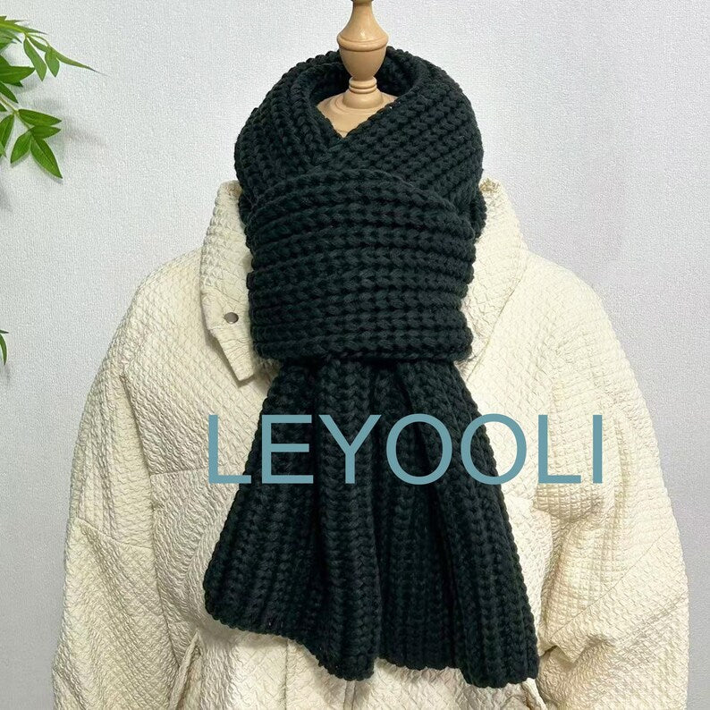 Hand Knitted Cotton Scarf, Dark Green Winter Scarf, Elegant Warm Shawl