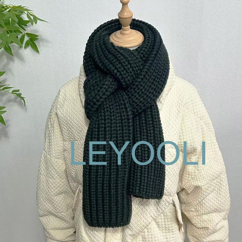 Hand Knitted Cotton Scarf, Dark Green Winter Scarf, Elegant Warm Shawl
