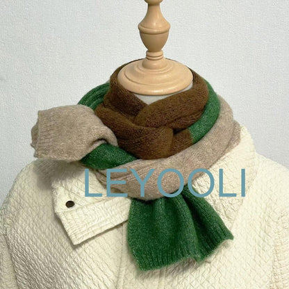 Hand Knitted Color Block Scarf, Soft Cotton Blend, Winter Warm Scarf