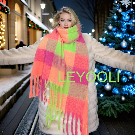 Hand Knitted Mohair Scarf, Fluorescent Plaid, Winter Warm Scarf