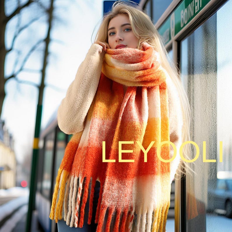 Reversible Orange Plaid Mohair Scarf, Warm Winter Shawl