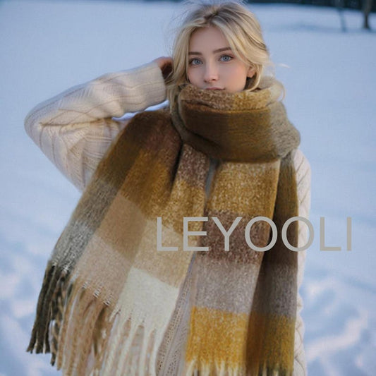 Brown Mohair Plaid Scarf, Autumn Winter Shawl (37cm x 210cm)