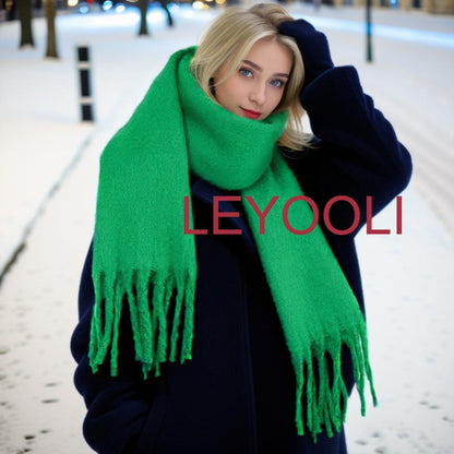 Green Mohair Blend Scarf: Warm Winter Tassel Scarf