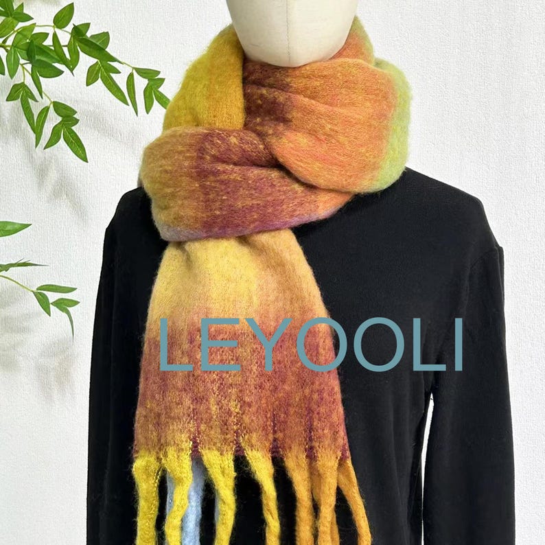 Yellow Plaid Mohair Scarf, Colorful Tassel Shawl