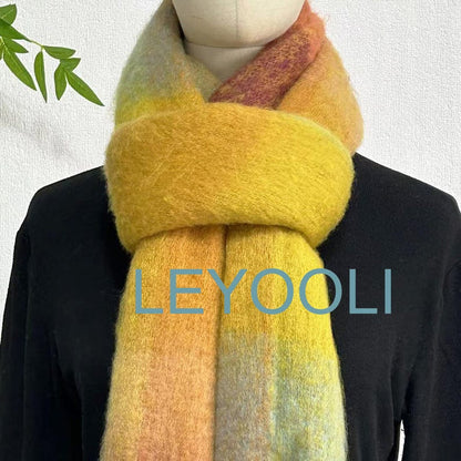 Yellow Plaid Mohair Scarf, Colorful Tassel Shawl