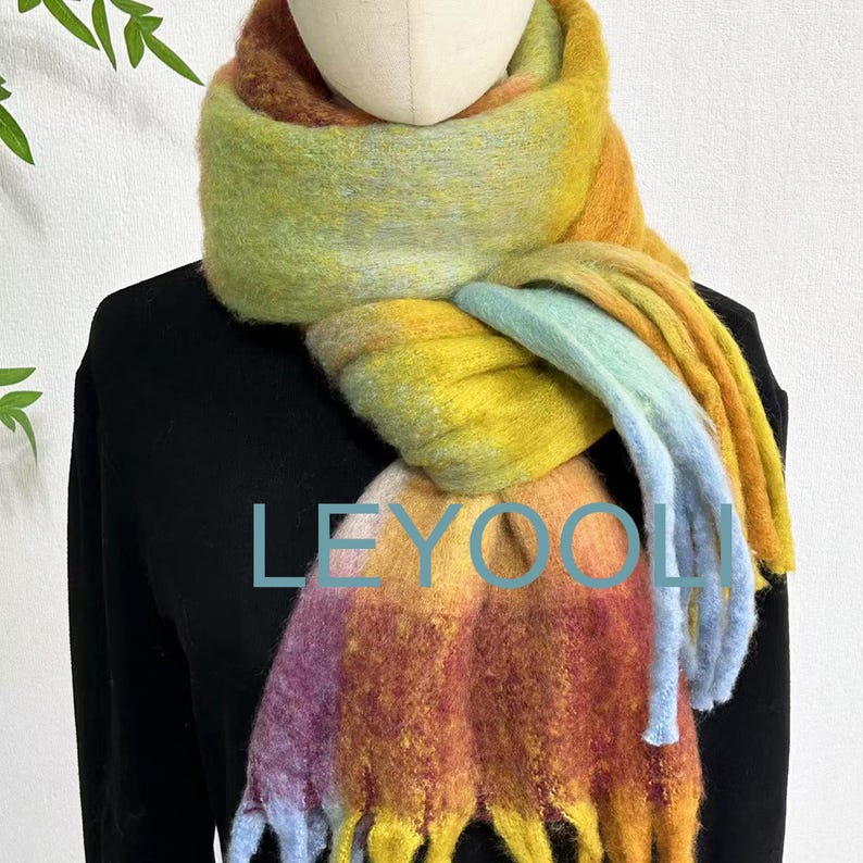 Yellow Plaid Mohair Scarf, Colorful Tassel Shawl