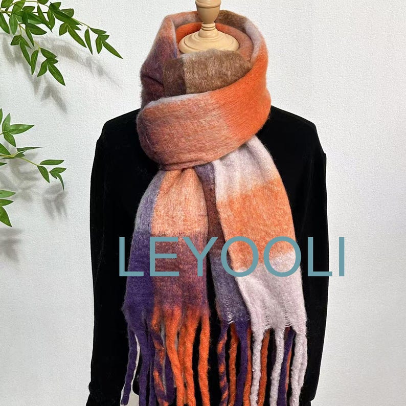 Reversible Mohair Plaid Scarf, Colorful Tassel Shawl
