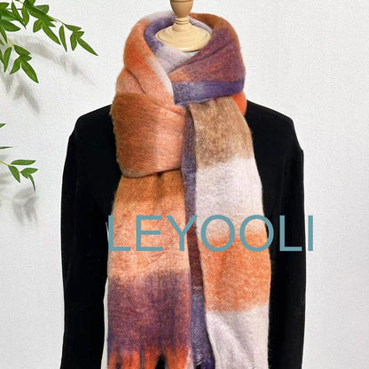 Reversible Mohair Plaid Scarf, Colorful Tassel Shawl