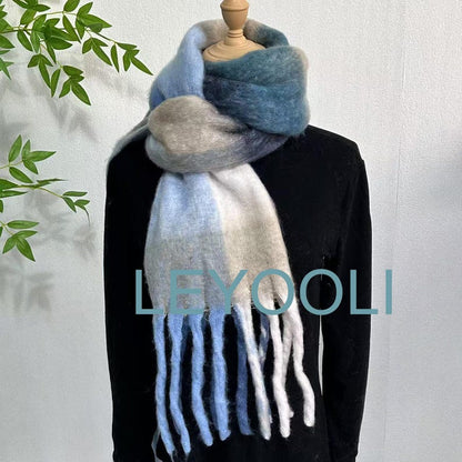 Blue Plaid Mohair Scarf: Warm Winter Shawl